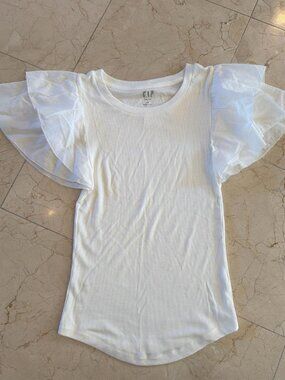 White Ribbed Flutter Sleeve Top